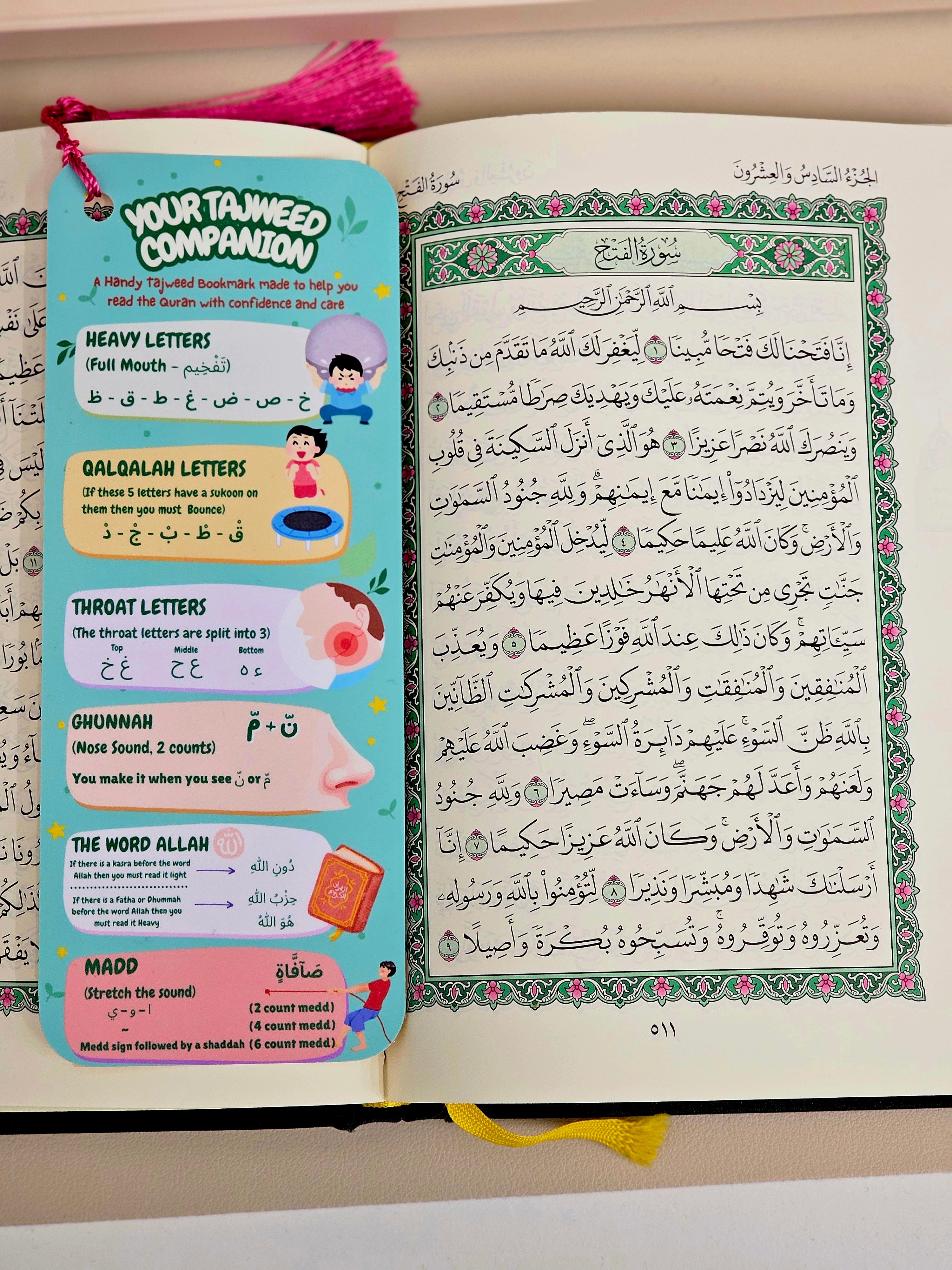Quran reading aid for children – Tajweed rules illustrated bookmark
