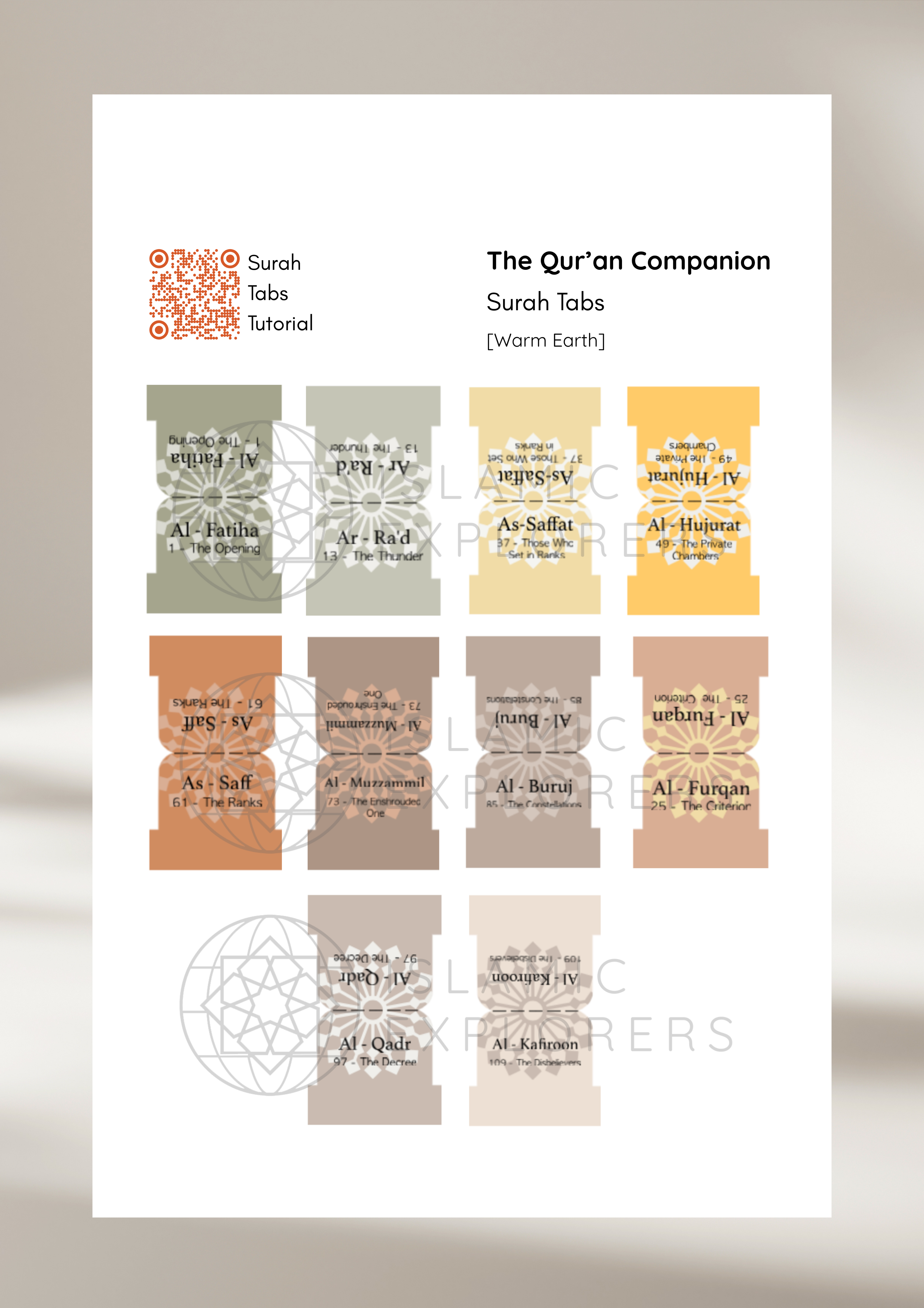 The Quran Companion Tabs Bundle - Premium Handmade Qur’an Page Markers (Includes Juz Tabs + Free Duʿaʾ Bookmark) - Warm Earth