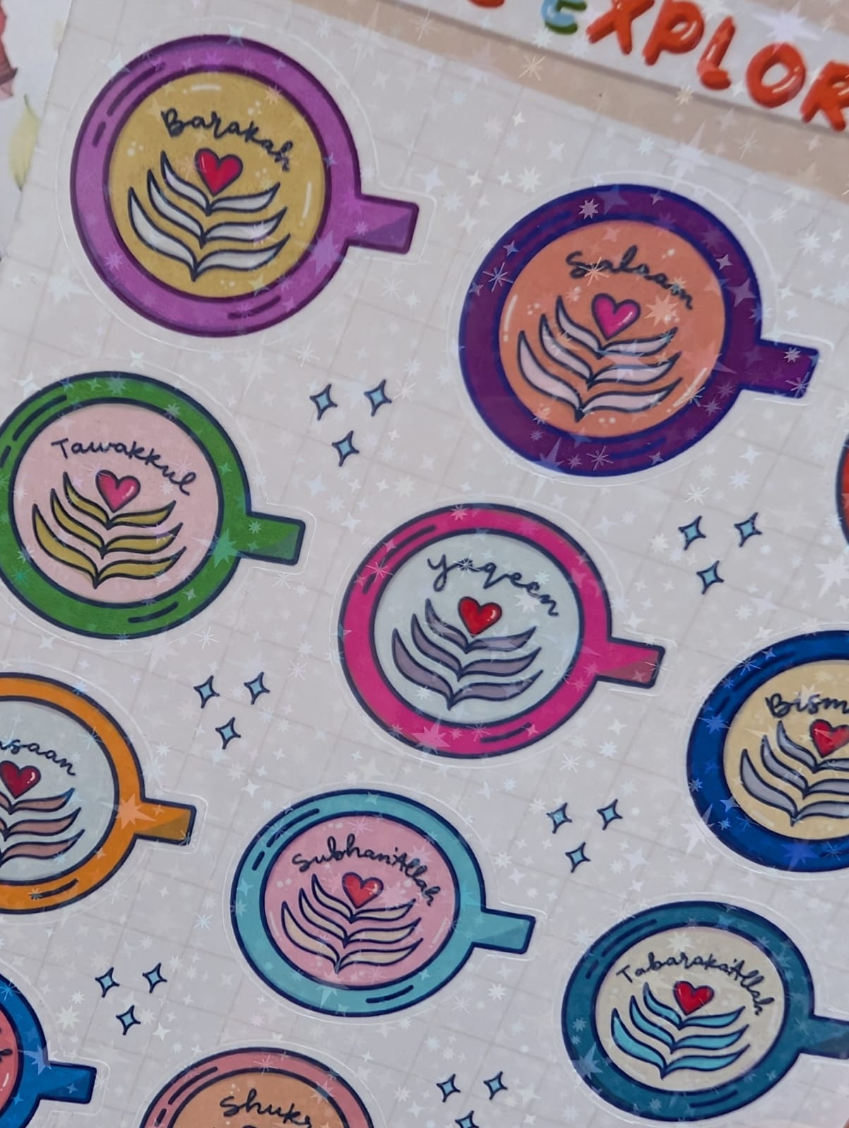 Islamic dhikr reminder stickers designed for coffee cups and mugs